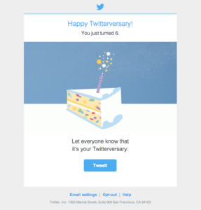 Customer Anniversary Email Design from Twitter 287x300